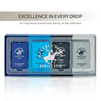 Thumbnail for A hand wearing a grey sweater holds the open Beverly Hills Polo Club 4-piece men's fragrance gift set, showcasing affordable opulence.