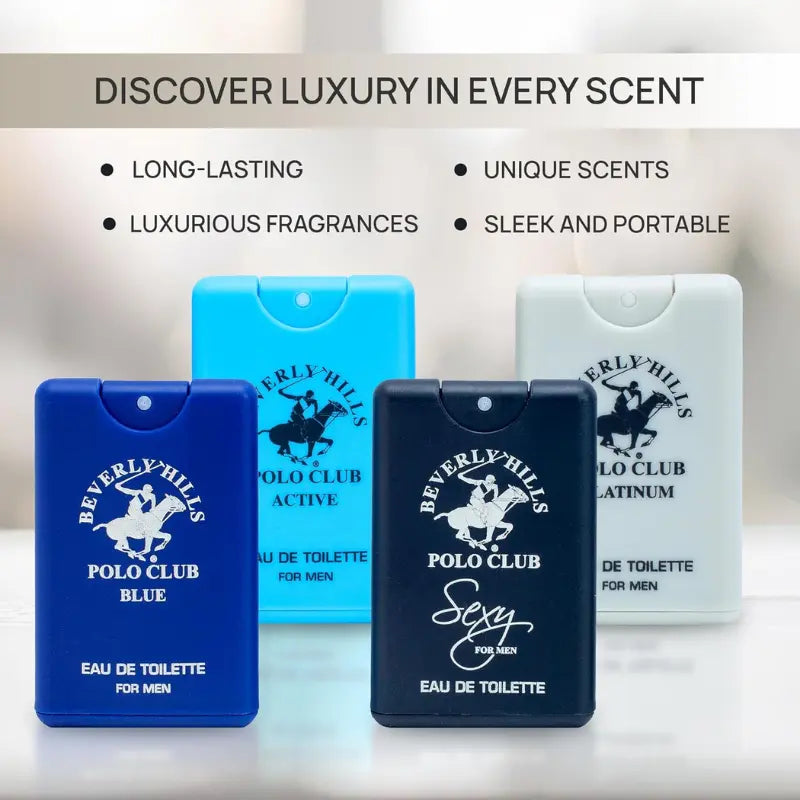 Beverly Hills Polo Club 4-piece men's mini Eau de Toilette travel set displaying long-lasting, unique, luxurious, and portable product benefits
