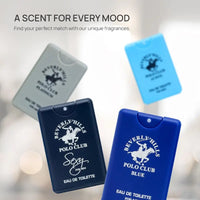 Thumbnail for Four Beverly Hills Polo Club men's mini fragrance spray bottles floating dynamically against a blurred bokeh background, highlighting scents for every mood.