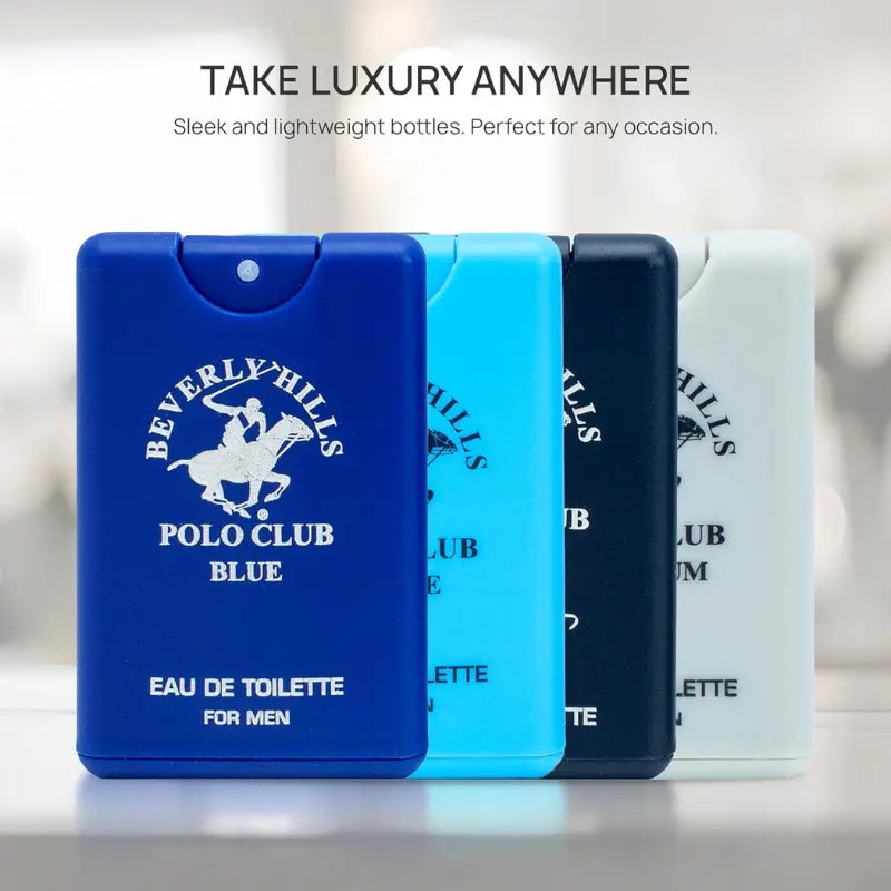 Close-up front view of the four 0.5 oz Beverly Hills Polo Club men's Eau de Toilette mini bottles: Blue, Active, Sexy, and Platinum.