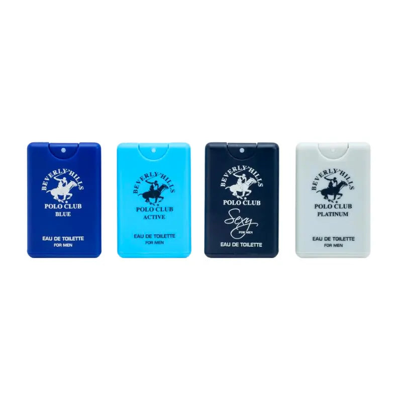 Flat lay view of the four individual Beverly Hills Polo Club men's mini fragrance bottles (Blue, Active, Sexy, Platinum) neatly arranged side-by-side on a white surface.