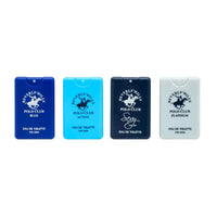 Thumbnail for Flat lay view of the four individual Beverly Hills Polo Club men's mini fragrance bottles (Blue, Active, Sexy, Platinum) neatly arranged side-by-side on a white surface.