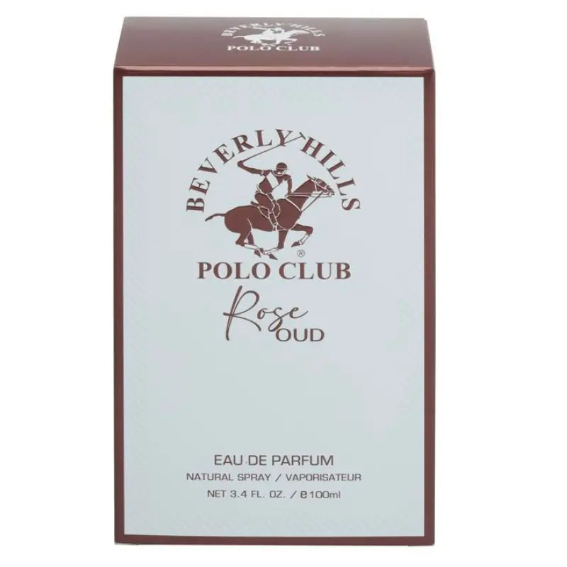 Front view of Beverly Hills Polo Club Rose Oud Eau de Parfum 3.4 oz unisex perfume box, showing the brand logo, product name, and light blue textured packaging.