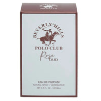 Thumbnail for Front view of Beverly Hills Polo Club Rose Oud Eau de Parfum 3.4 oz unisex perfume box, showing the brand logo, product name, and light blue textured packaging.