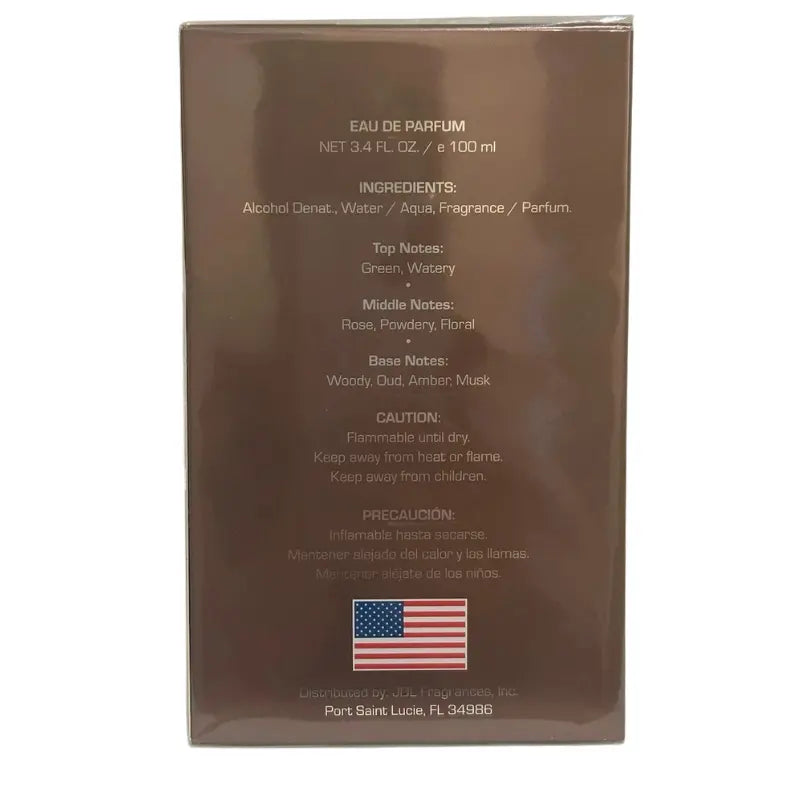 Back of the Beverly Hills Polo Club Rose Oud EDP perfume box detailing fragrance notes (Rose, Woody, Oud), ingredients, and manufacturing info with USA flag.