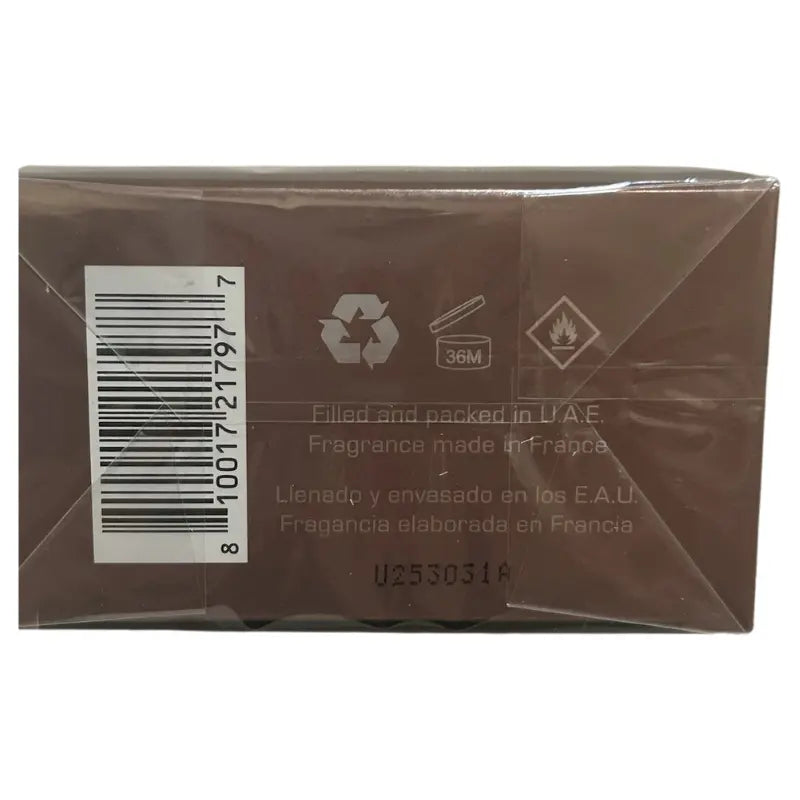 Bottom view of the sealed Beverly Hills Polo Club Rose Oud EDP perfume box showing the barcode (810017217977), batch code, and 'Made in France' fragrance text.