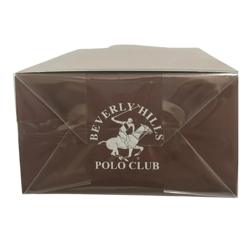Top view of the sealed Beverly Hills Polo Club Rose Oud EDP perfume box featuring the iconic polo club player logo in silver on a brown background.