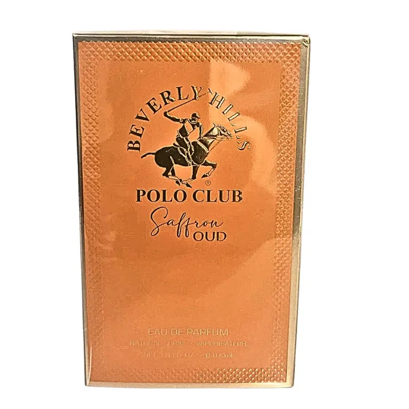 Beverly Hills Polo Club Saffron Oud Eau de Parfum 3.4 oz (100 ml) perfume in orange and gold textured packaging.