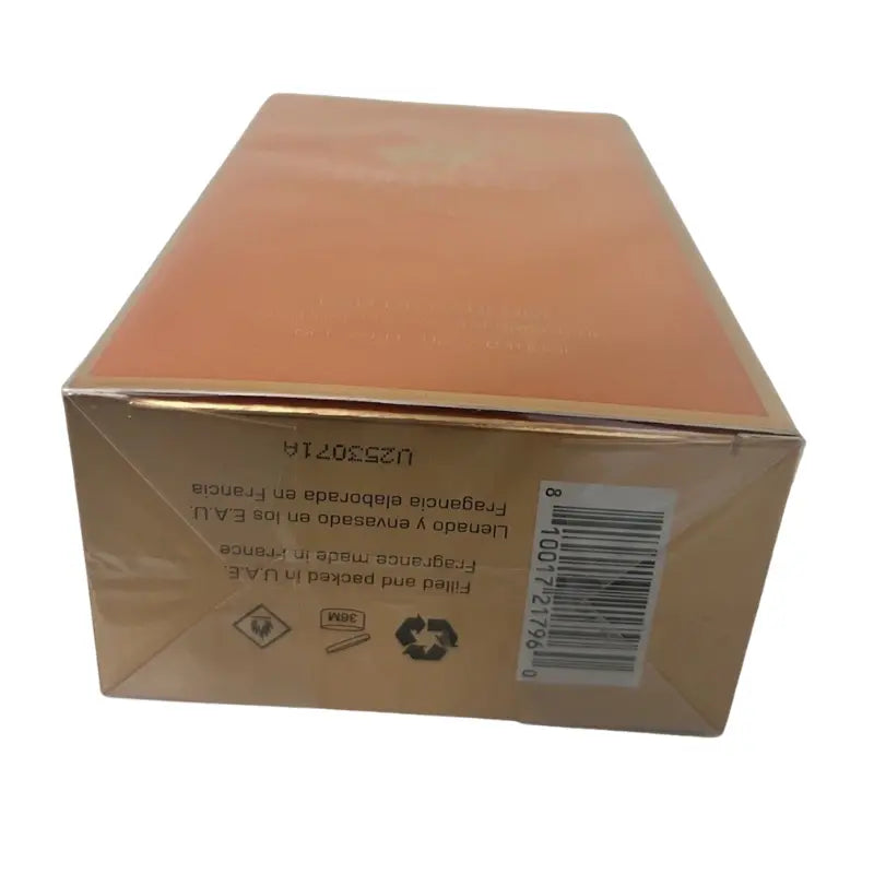 Bottom view of Beverly Hills Polo Club Saffron Oud perfume packaging showing the barcode, safety symbols, and production details.