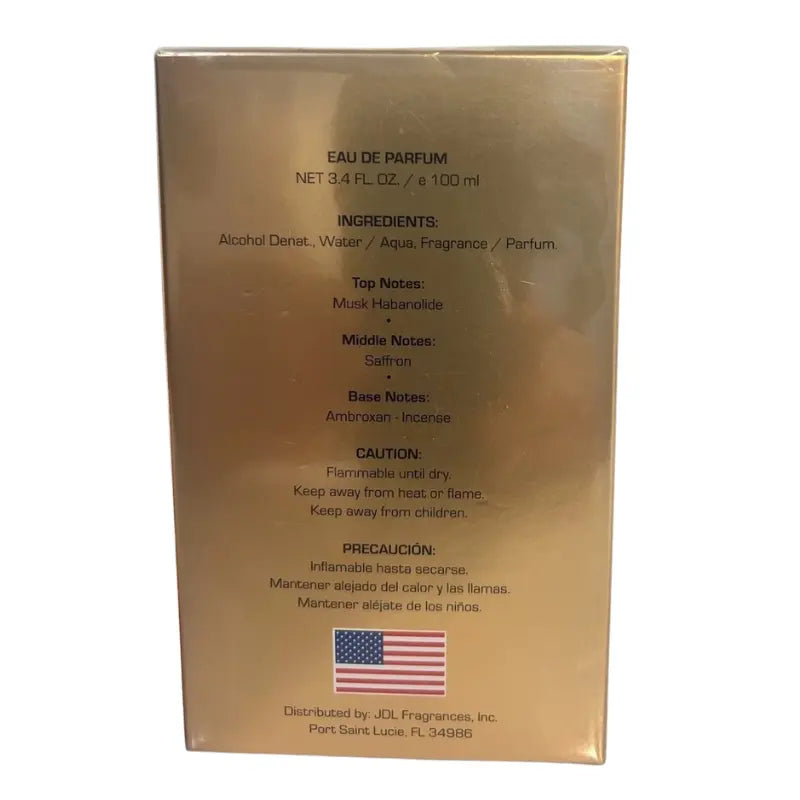Back of Beverly Hills Polo Club Saffron Oud Eau de Parfum box with fragrance information and details.