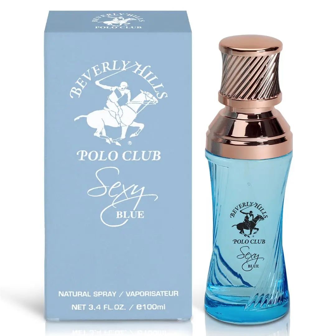 Beverly Hills Polo Club Sexy Blue Eau de Parfum 3.4 oz women's perfume bottle and blue presentation box