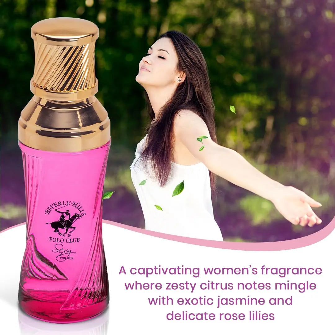 Beverly Hills Polo Club Sexy for Her Eau de Parfum lifestyle image with a woman and floral scent descriptions