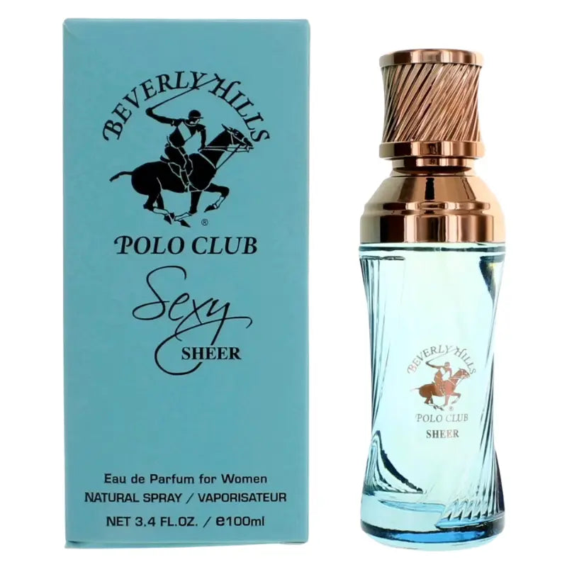 Beverly Hills Polo Club Sexy Sheer Eau de Parfum 3.4 oz women's perfume bottle and light blue box.