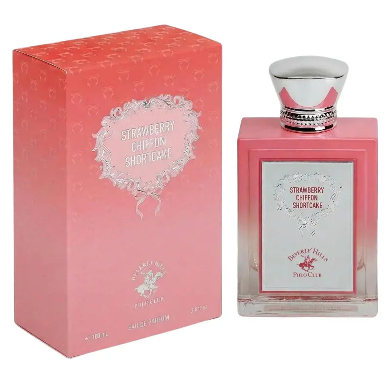 Beverly Hills Polo Club Strawberry Chiffon Shortcake Eau de Parfum 3.4 fl oz bottle and pink packaging box