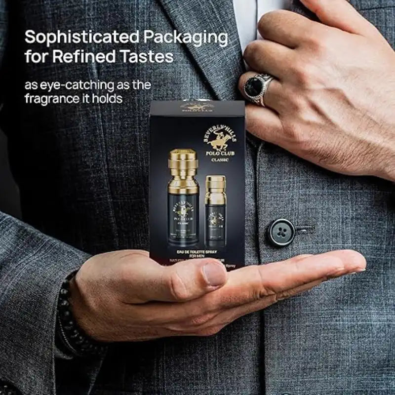 Hand holding the Beverly Hills Polo Club Classic gift box to show the compact, travel-friendly size of the set.