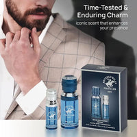Thumbnail for Close-up detail shot of the signature blue textured and silver caps of the Beverly Hills Polo Club Aqua EDT bottles against a fresh blue background.