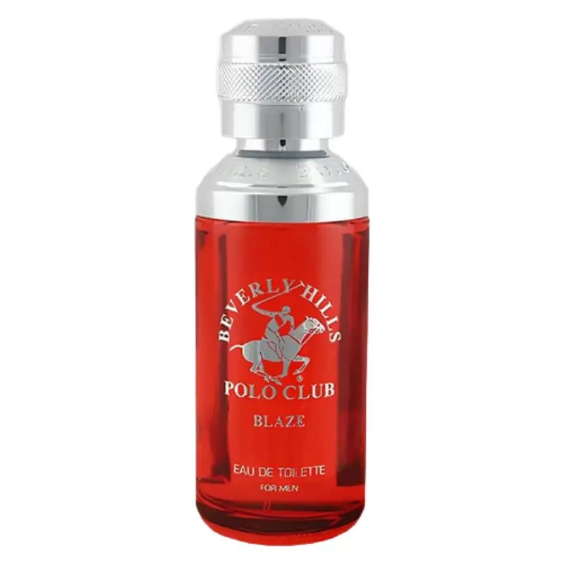 Beverly Hills Polo Club Blaze cologne bottle featuring red glass and a textured silver cap.