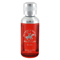 Thumbnail for Beverly Hills Polo Club Blaze cologne bottle featuring red glass and a textured silver cap.