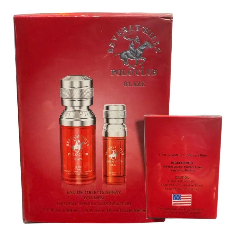 Back of the Beverly Hills Polo Club Blaze gift box showing ingredients and product specifications for the 50ml and 15ml EDT set.