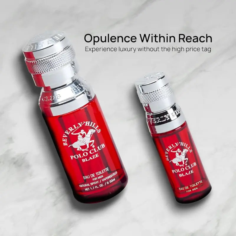 Marketing shot of the Blaze fragrance set with text "Opulence Within Reach" showcasing the luxury feel of this affordable men's scent.