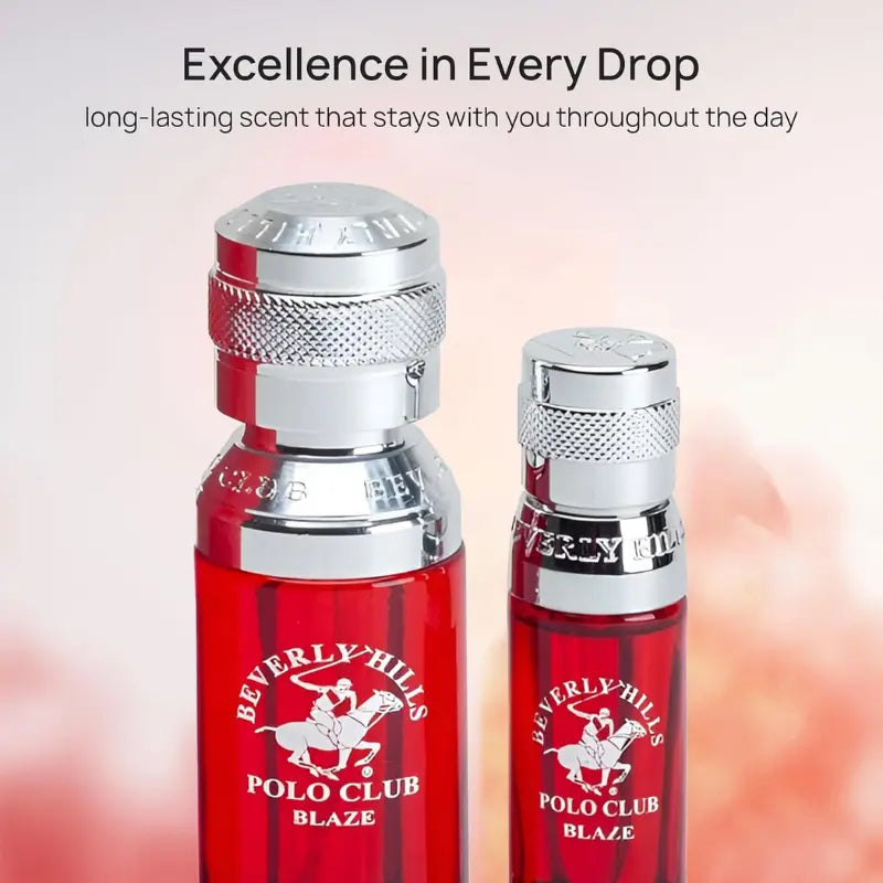 Close-up of the two Beverly Hills Polo Club Blaze red glass fragrance bottles with textured silver caps.