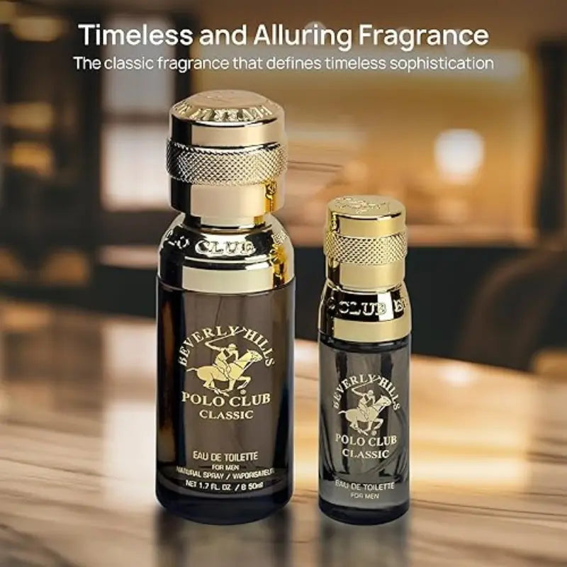 Close up of Beverly Hills Polo Club Classic cologne bottles showing signature gold knurled caps and horse logo.