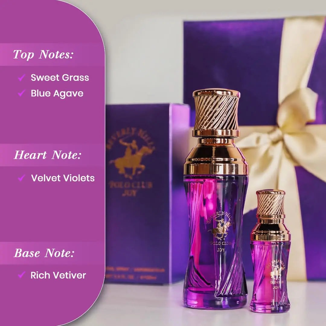 Fragrance notes for Beverly Hills Polo Club Joy including Sweet Grass, Blue Agave, Velvet Violets, and Vetiver.