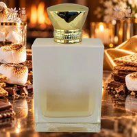 Thumbnail for Beverly Hills Polo Club Marshmallow S'mores EDP frosted glass bottle back view with toasted s'mores and fireplace