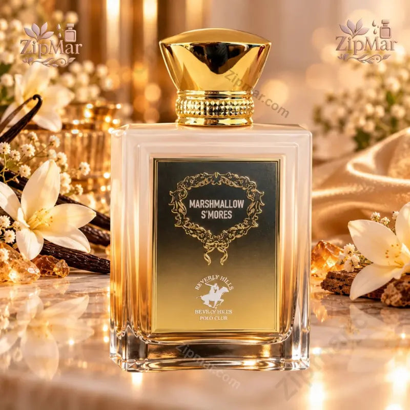 Beverly Hills Polo Club Marshmallow S'mores EDP baroque gold label on clear glass bottle with white flowers and vanilla