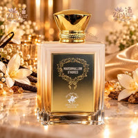 Thumbnail for Beverly Hills Polo Club Marshmallow S'mores EDP baroque gold label on clear glass bottle with white flowers and vanilla