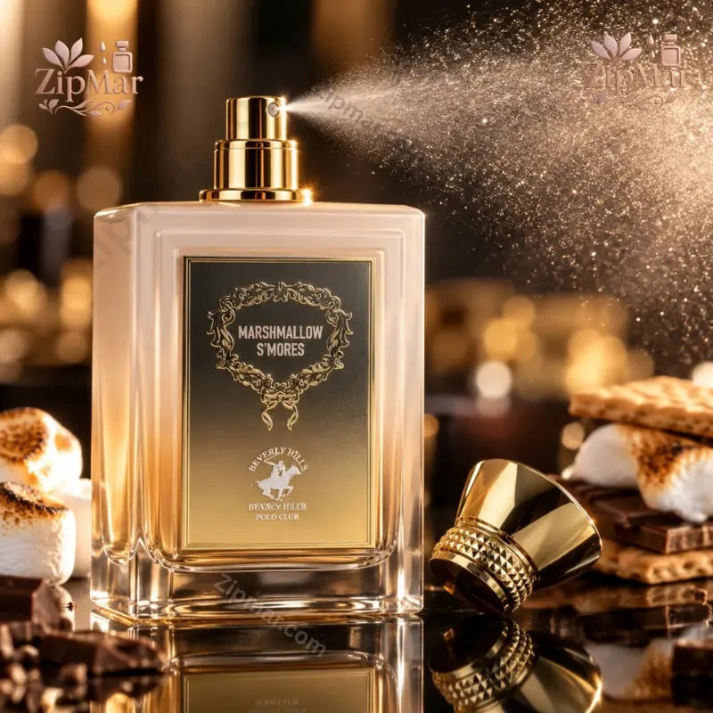 Beverly Hills Polo Club Marshmallow S'mores Eau de Parfum 3.4 oz being sprayed with toasted marshmallows and chocolate