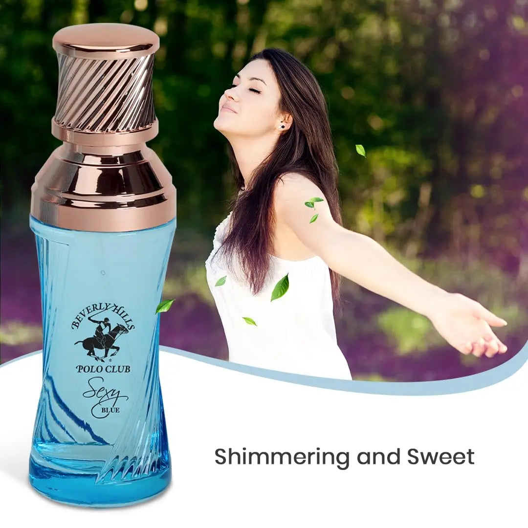 Woman enjoying the shimmering and sweet aroma of Beverly Hills Polo Club Sexy Blue fragrance