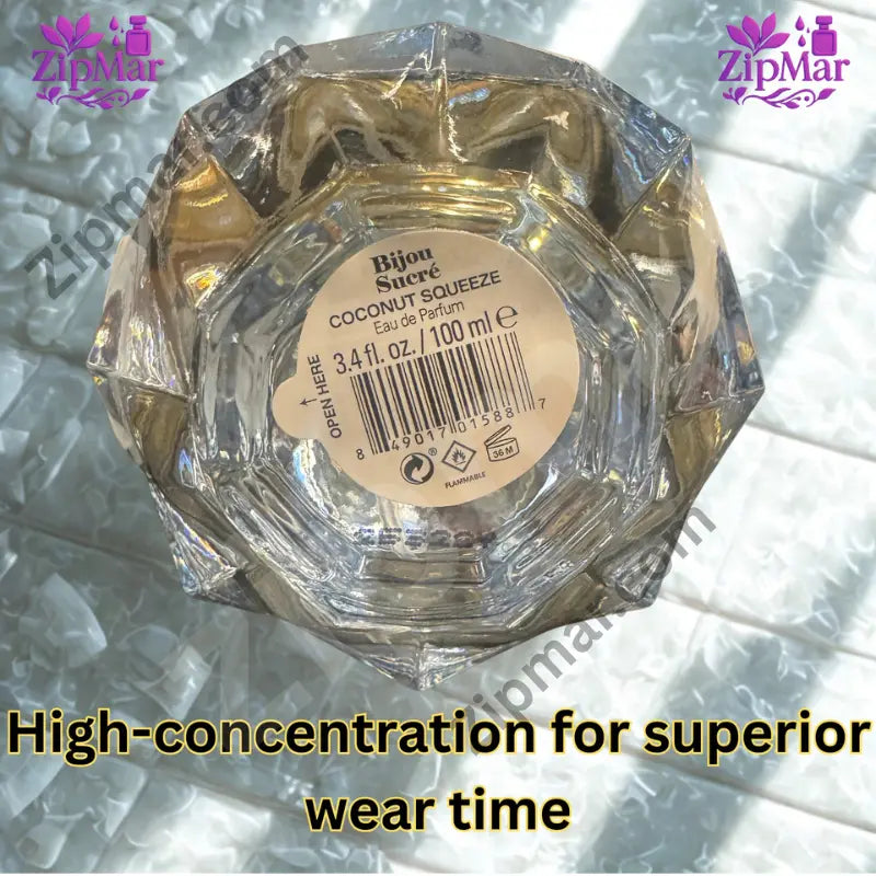 Base of Bijou Sucré Coconut Squeeze eau de parfum bottle showing 3.4 fl oz 100 ml label and barcode