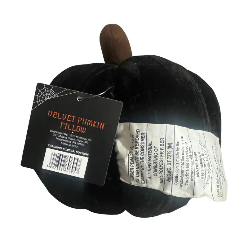 Back view of Black Velvet Pumpkin Pillow showing retail hangtag (UPC 1922342606957)