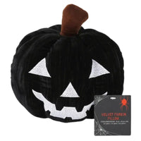 Thumbnail for 1616 Holdings Black Velvet Jack-O'-Lantern Pumpkin Pillow front view with tag