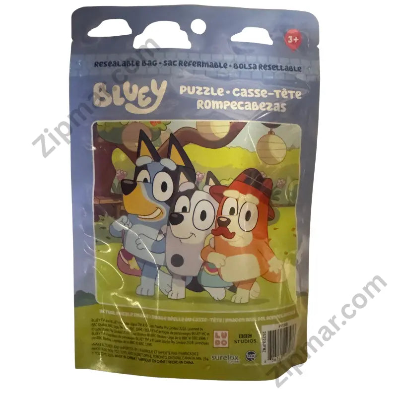 Bluey 24-piece puzzle resealable bag back showing puzzle image Ludo Studio BBC Studios licensing and Surelox branding