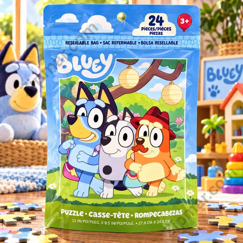 Bluey 24-piece jigsaw puzzle in resealable bag lifestyle with Bluey Bingo characters puzzle pieces spread on floor