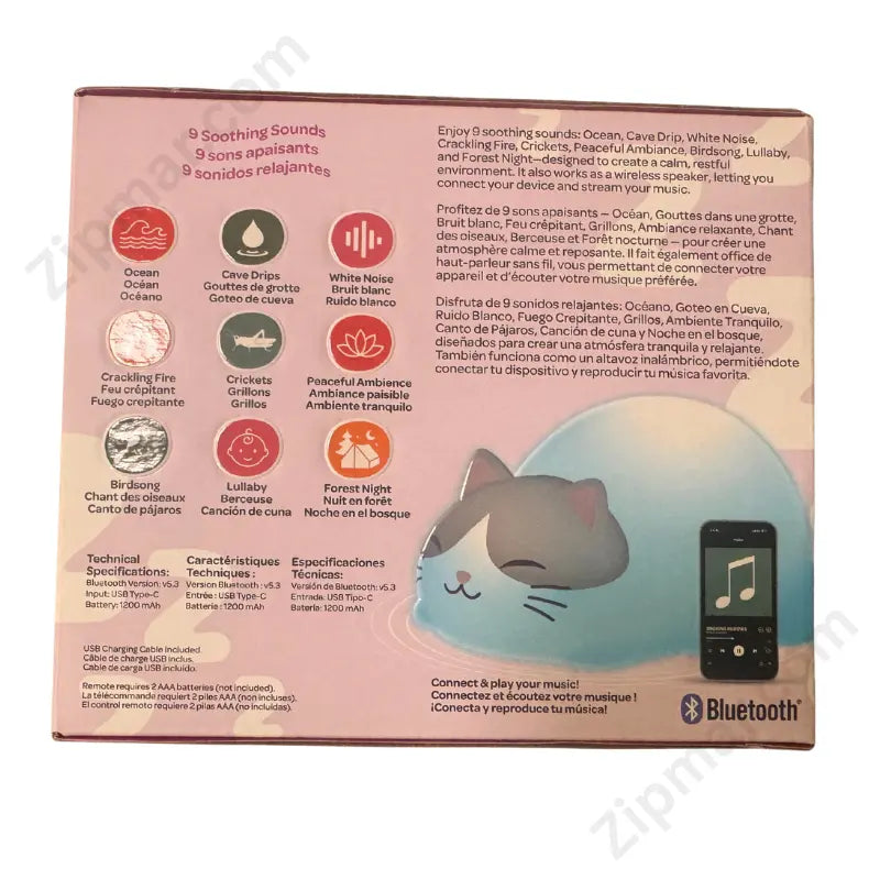Snoring Buddies sleeping cat sound machine box bottom with item number 1929849 and FCC certification
