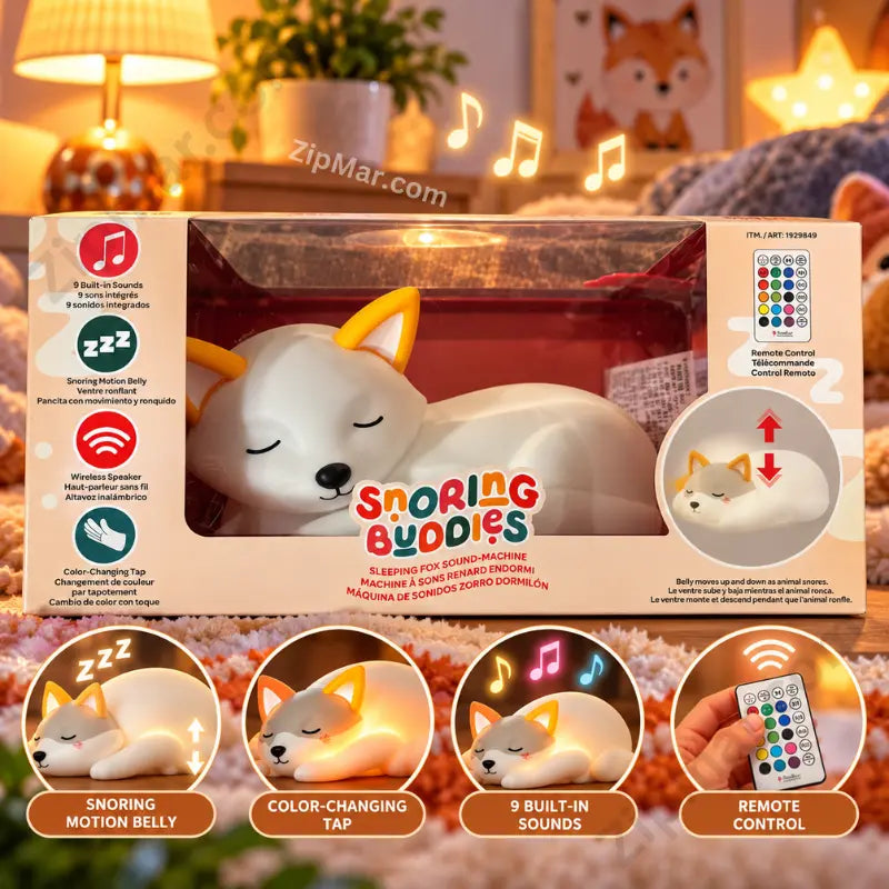 Brilliant Innovations Snoring Buddies sleeping fox sound machine in warm bedroom setting with snoring motion belly, color-changing tap, 9 sounds, and remote control