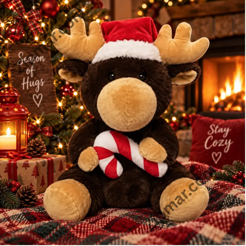 Brown moose Christmas plush with Santa hat and candy cane sitting by a decorated fireplace