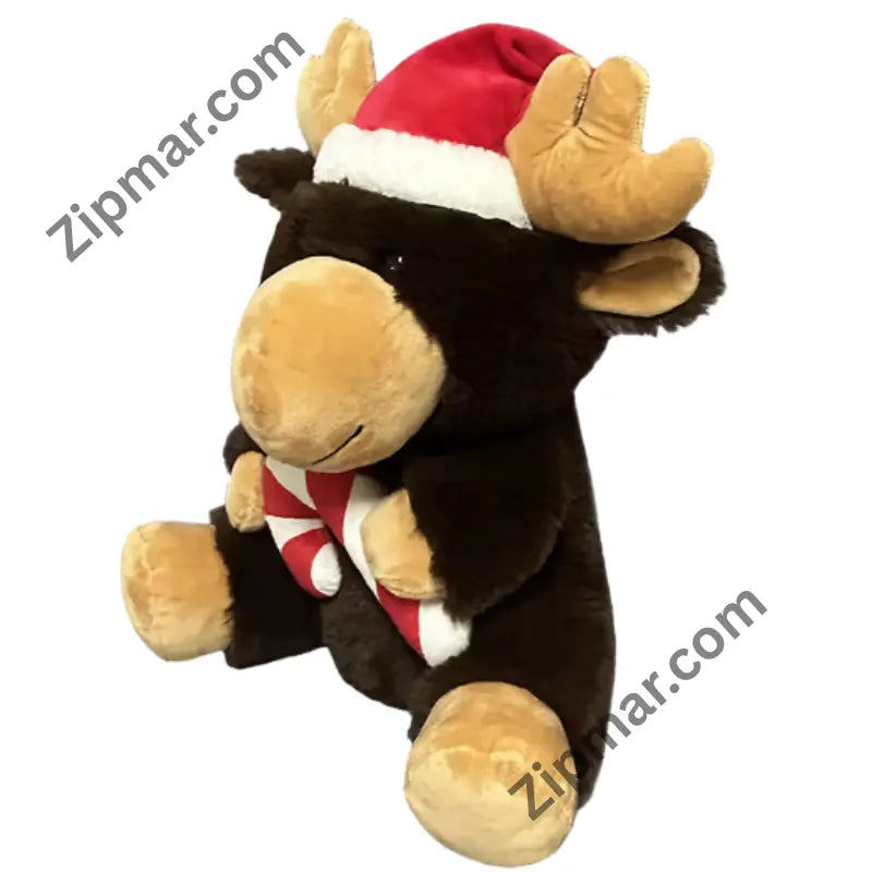 Brown moose plush hugging a plush candy cane with Santa hat between the antlers, front angled view