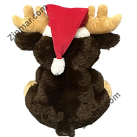 Thumbnail for Back of brown moose Christmas plush with red Santa hat, white pom pom and tan antlers