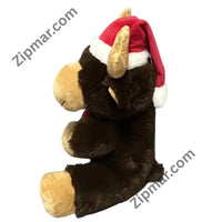 Thumbnail for Profile of brown moose Christmas plush with red Santa hat, tan antler and tan muzzle