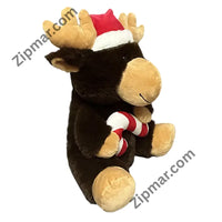 Thumbnail for Brown moose plush with tan antlers and Santa hat holding a red and white plush candy cane, angled view