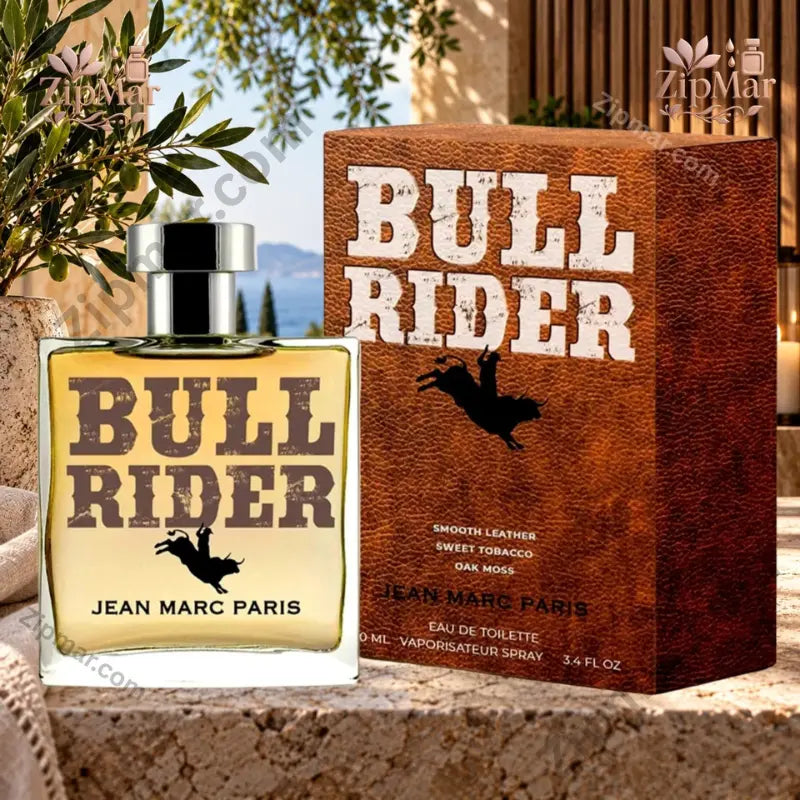 Bull Rider Jean Marc Paris EDT bottle and leather-texture box showing Smooth Leather Sweet Tobacco Oak Moss 100 mL 3.4 fl oz Eau de Toilette