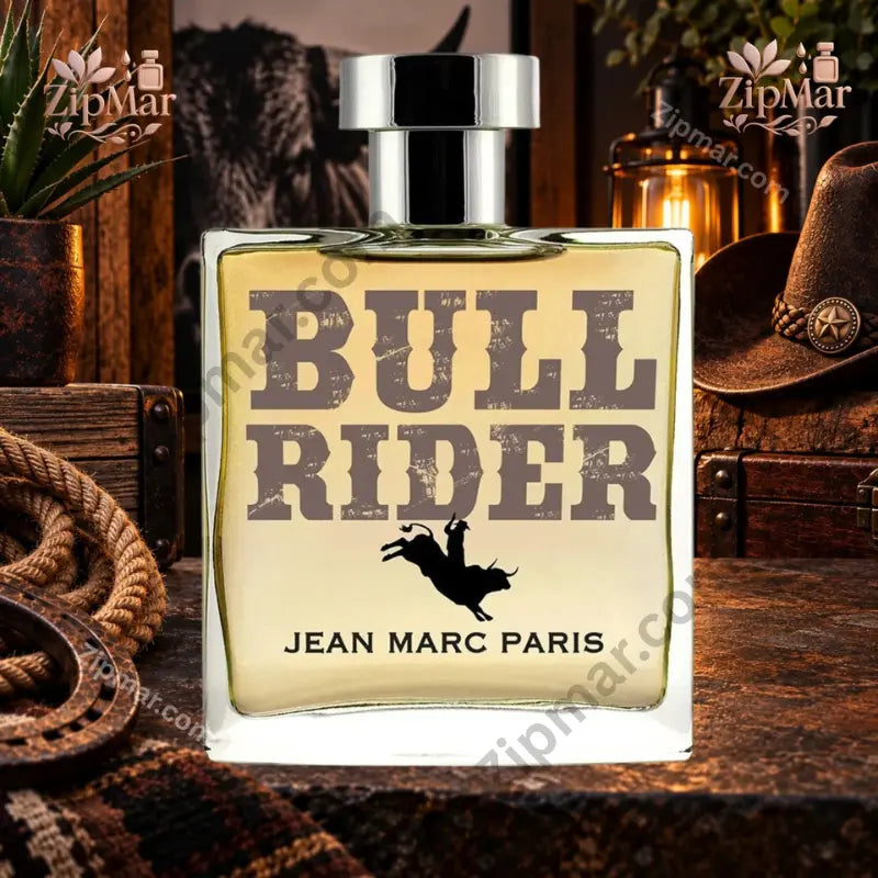 Bull Rider by Jean Marc Paris Eau de Toilette 3.4 oz amber glass bottle in Western lifestyle setting with cowboy hat, lasso rope, and lantern