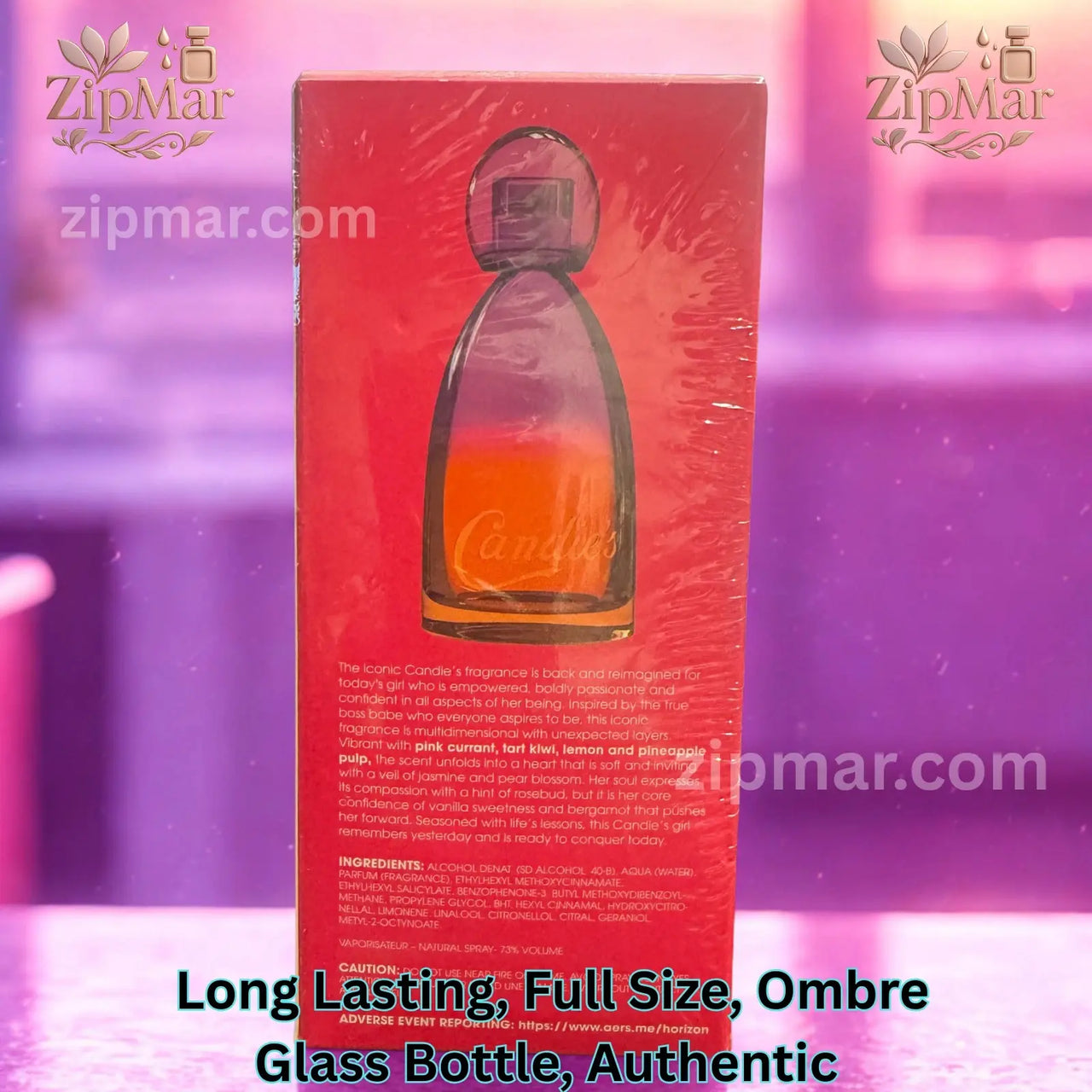 Back view of Candie's perfume box displaying fragrance description and ingredients