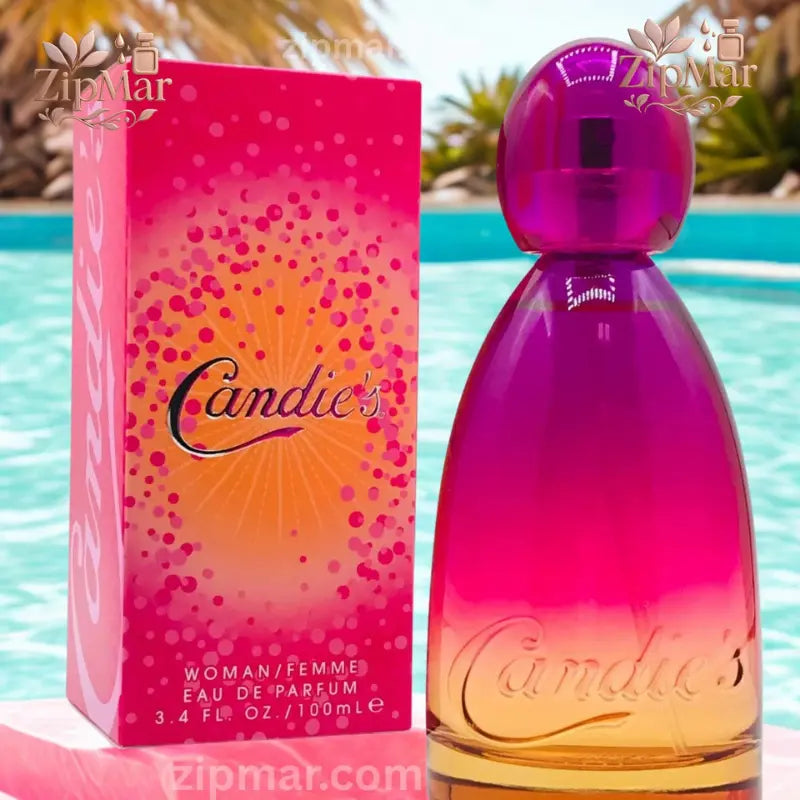 Candie's Eau de Parfum 3.4 fl oz ombré glass bottle next to original pink box