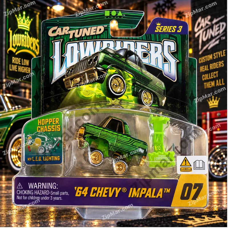 CarTuned Lowriders Series 3 Number 07 1964 Chevy Impala toy in original blister package metallic green body with gold chrome hopper chassis accessory included LED lighting feature officially licensed GM collectible toy ages 3 and up by MGA Entertainment