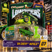 Thumbnail for CarTuned Lowriders Series 3 Number 07 1964 Chevy Impala toy in original blister package metallic green body with gold chrome hopper chassis accessory included LED lighting feature officially licensed GM collectible toy ages 3 and up by MGA Entertainment